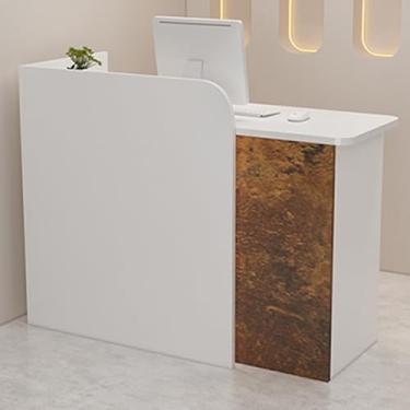 Imagem de Mesa de recepção moderna com gaveta com trava, balcão frontal elegante para lojas de varejo, ilhós de cabo para conveniência, balcão de caixa elegante para negócios, acabamento marrom, 110 cm