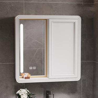 Imagem de Armário de remédios de LED inteligente com interruptor de toque, armazenamento de banheiro de alumínio antiembaçamento, espelho de banheiro moderno com porta deslizante e prateleira aberta para espaço