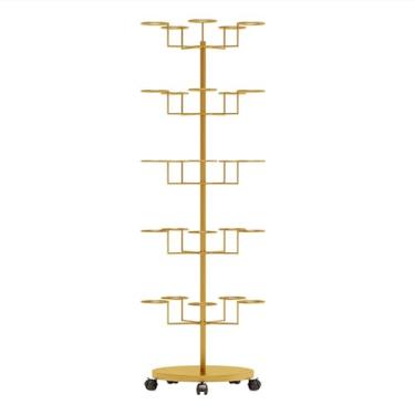 Imagem de Suporte para chapéus de metal independente de 5 camadas com rodas – Display móvel giratório para toucas, perucas e acessórios para a cabeça – Organizador elegante com acabamento dourado para garagem