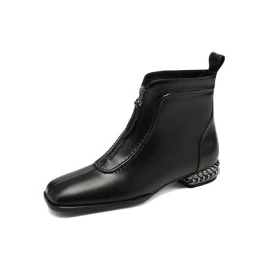 Imagem de TinaCus Bota feminina feita à mão de couro legítimo moderna com costura frontal com zíper e salto plano, Preto, 38