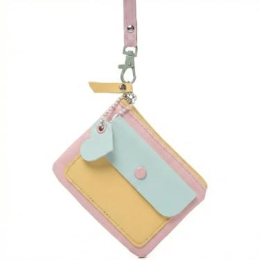 Imagem de Carteira Feminina Pequena com Alça de Pescoço, Mini Bolsa Transversal Porta Moedas, Couro PU, Tons Pastel, Estilo Kawaii, para Cartões Chaves Batom (Rosa)