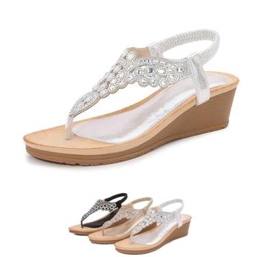 Imagem de Sandália feminina com tira em T com strass na moda, confortável, salto baixo, bico redondo, sandália plataforma de verão, Prata, 35