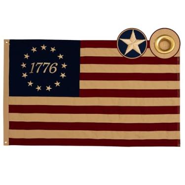 Imagem de Flagolden Bandeira americana 1776 vintage de algodão 1776, bandeiras de aniversário de 250 anos dos EUA bordadas resistentes com 2 ilhós de latão, cor vívida antiga 76 bandeira Bennington Founding