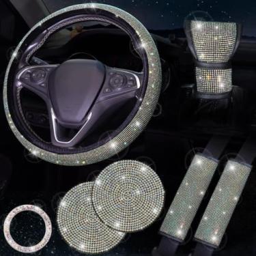 Imagem de Conjunto de Acessórios Automotivos 7 Peças - Capa de Volante com Strass Brilhante e Capas de Cinto de Segurança, Decorativo e Protetor (Cor,38cm)