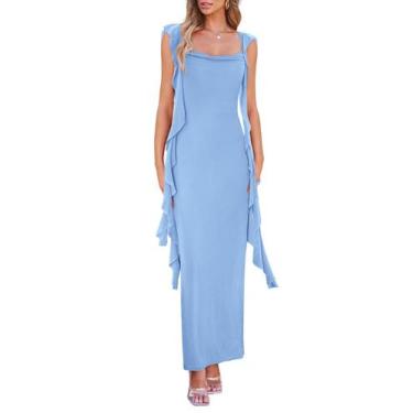 Imagem de Vestido PRETTYGARDEN 2025 Maxi Azul Claro Sem Manga com Babados Tamanh