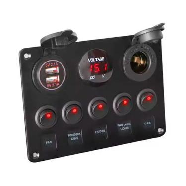 Imagem de Painel De Comando 5 Botões USB Acendedor Voltímetro Vermelho - Genéric