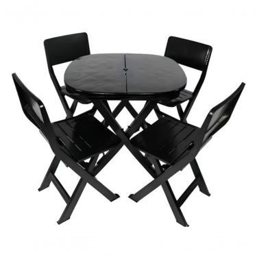 Imagem de Kit Mesa Quadrada Dobrável + 4 Cadeiras Plásticas Estrutura e Assentos em Plástico Dobráveis Preto Branco Higipack