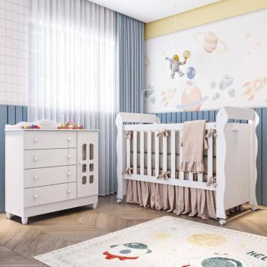 Imagem de Quarto Bebê Provençal Lisa Berço Americano 3 em 1 Cômoda Infantil Fraldário 100% MDF Branco Carolina Baby
