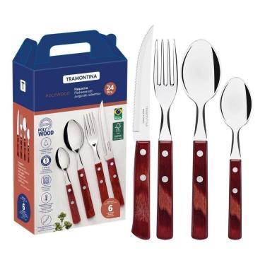 Imagem de Faqueiro Tramontina Polywood Aço Inox E Madeira Vermelho 24 Peças