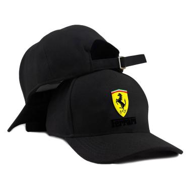 Imagem de Boné aba curva preto Ferrari logo amarela marca carro