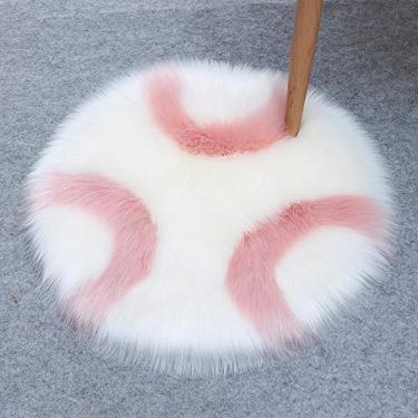 Imagem de Tapetes redondos falsos, listrados, geométricos, macios, tapete de pelo longo, antiderrapante, lavável para sala de estar, quarto, escritório, banheiro, varanda, sofá infantil, almofada para pés, branco, rosa