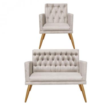 Imagem de Kit Poltrona e Namoradeira Maria Capitonê Suede Bege