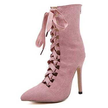 Imagem de Botas femininas de salto com cadarço botas de salto alto sapatos de vestido de noiva bico fino com botas de salto agulha para mulheres botas altas femininas, rosa, 37 UE/6 EUA