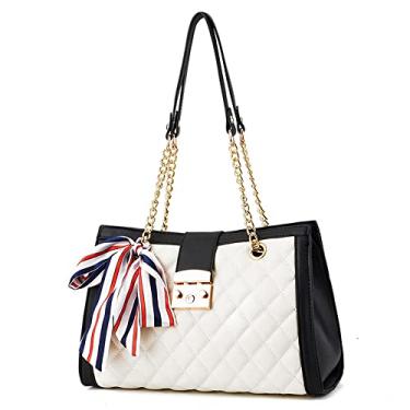 Imagem de Bolsas de ombro de couro para mulheres bolsas acolchoadas moda bolsa grande com alça de corrente bolsa feminina, Branco