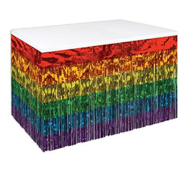 Imagem de Beistle Saia de mesa arco-íris de plástico metálico 1 dobra decorações orgulho LGBQT louça, 76 cm x 35 cm, vermelha/laranja/amarelo/verde/azul/roxo