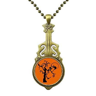 Imagem de DIYthinker Colar de árvore de gato Halloween Hallowmas laranja antigo pingente de música de guitarra