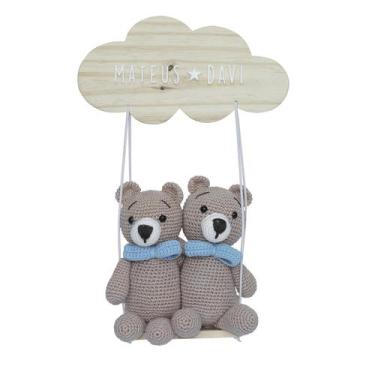 Imagem de Porta Maternidade Gêmeos Urso Ursinho Crochê Azul Nome Bebê - Potinho