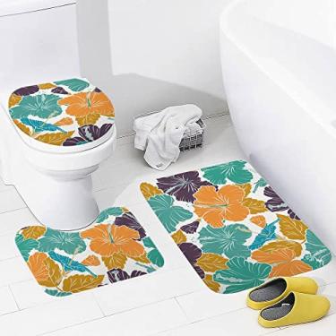 Imagem de Conjunto de tapetes de banheiro 3 peças de buquê de aquarela, flores de hibisco, tapete de banheiro lavável, tapete antiderrapante, tapete de contorno e tampa para banheiro