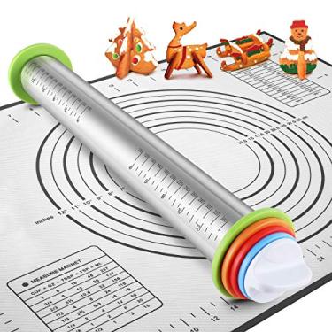 Imagem de Rolo de massa, rolo de massa de aço inoxidável, rolo de massa e conjunto de pastelaria de silicone, rolo ajustável com anéis de espessura para assar massa, pizza, torta, pastelaria, macarrão,