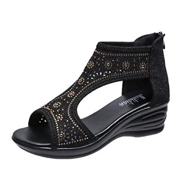 Imagem de Sandálias de cunha para mulheres sandálias plataforma zíper sandálias romanas sapatos femininos anabela traseira strass sandálias femininas (preto, 8,5)