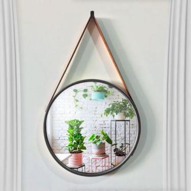 Imagem de Espelho Decorativo Adnet Redondo Preto 60 Cm Com Alça Marrom - Indo De