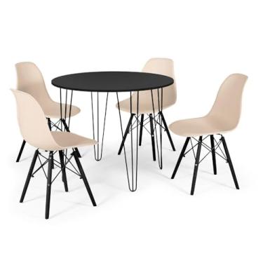 Imagem de Conjunto Mesa de Jantar Redonda Hairpin 90cm Preta com 4 Cadeiras Eames Eiffel Base Preta - Nude