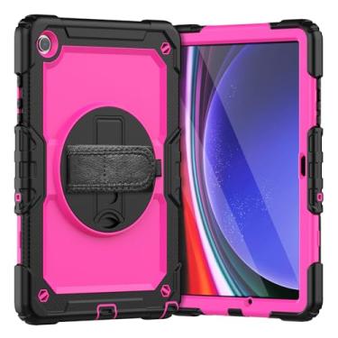 Imagem de Capa de TPU resistente à prova de choque para Galaxy Tab A9 Plus (2023) SM-X210/216B Capa protetora robusta à prova de quedas com protetor de tela + suporte giratório + alça de ombro (preto + rosa vermelho)