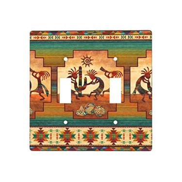 Imagem de Southwest Native American Kokopelli Tampa para interruptor de luz 2 entradas, interruptor decorativo de parede com interruptor duplo, tamanho 11,4 x 11,4 cm