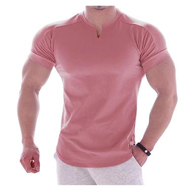 Imagem de Camiseta masculina atlética manga curta gola V secagem rápida camiseta lisa slim fit algodão treino, Rosa, XG