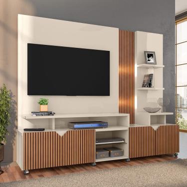Imagem de Estante Home Cross Off White/Tauari Ripado para TVs até 55 Polegadas 4 Portas, Luzes LED embutidos, Prateleiras e Rodízios Lukaliam