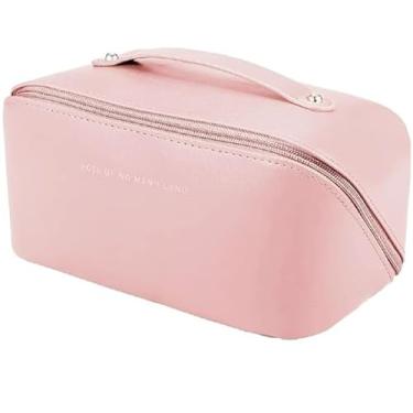 Imagem de Bolsa Necessaire Feminina Organizadora de Maquiagem para Viagem, Dupla Camada de Couro, Grande Capacidade, 23 x 11 x 11 cm (Rosa)