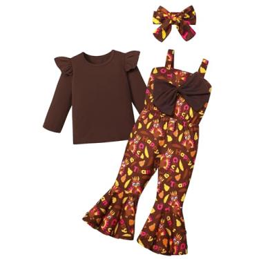 Imagem de Queenstyle Roupa de Ação de Graças para meninas, 3 anos, 4 anos, manga comprida, babados, roupa de Ação de Graças, macacão com parte inferior de sino, faixa de cabeça