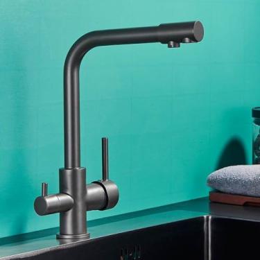 Imagem de Torneira de cozinha com 3 vias, furo único, 2 alças, misturador de água quente e fria, filtro de água pura, preto e cinza