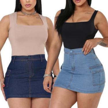 Imagem de Kit Saia Jeans Curta Feminina Cintura Alta com Lycra - Umuhe, 1 unidad