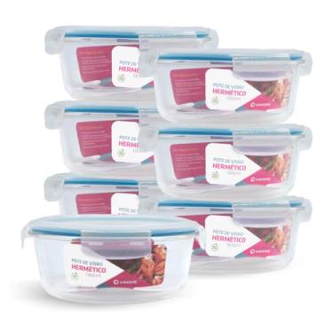 Imagem de Kit 7 Potes de Vidro Redondo com Tampa Hermética 1300ml (Azul)
