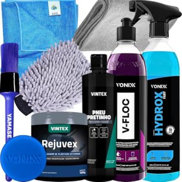 Imagem de Kit Produtos Vonixx Para Lavagem De Motos e Carros Shampoo Neutro V-floc Celante Ceramico Hydrox Fast Pneu pretinho Restaurador De Plasticos Externos Rejuvex + Acessórios