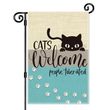 Imagem de JMYROG Cats Welcome People Tolerated Garden Flag, Pet Lover Yard And Alpendre, Outdoor Home Decor Dupla Face Yard Flags Banner para Quintal Pátio Gramado, Presentes para Amantes de Gatos para