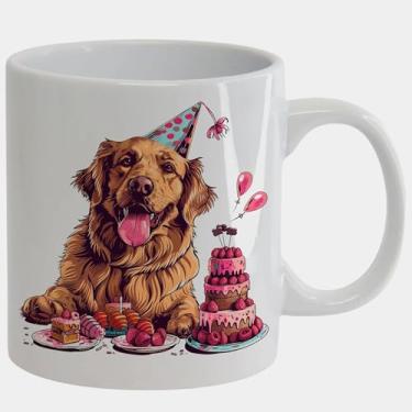 Imagem de Caneca Branca de Porcelana 325ml GOLDEN RETRIEVER BOLO ANIVERSARIO 3