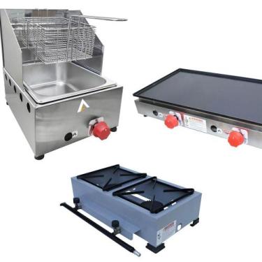 Imagem de Kit Lanchonete Fogão Portátil 2 Bocas + Chapa 60cm e Fritadeira 1 Cuba