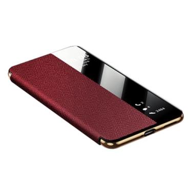 Imagem de HAO RIYLN Vermelho, 70, capa de couro genuíno para Huawei Pura 70 Ultra/70 Pro +/70 Pro/70, função de visualização de janela inteligente, capa flip fólio, fecho magnético, suporte à prova de choque
