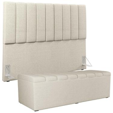Imagem de Kit Cabeceira Cama Box Casal King 195cm Com Calçadeira Baú Dália W01 Linho Champagne - Lyam