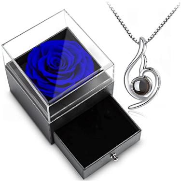 Imagem de Caixa de presente rosa azul com colar feminino de prata esterlina 925 dentro, caixa de joias rosa real para sempre com colar I Love You 100 idiomas, flor preservada para presentes de dia das mães, rosa encantada para ela.