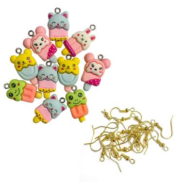 Imagem de Kit 20 Pingentes Sorvete Bichinhos Para Fazer Pulseiras Colar + 20 Anzol Montar Brincos Infantil