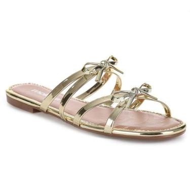Imagem de Sandália Rasteira Moleca Tiras Finas Laços Pequenos Feminina Dourada, 