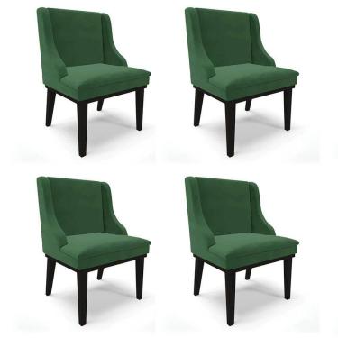 Imagem de Kit 4 Cadeiras Estofadas Para Sala De Jantar Base Fixa De Madeira Preto Lia Veludo Verde - Ibiza