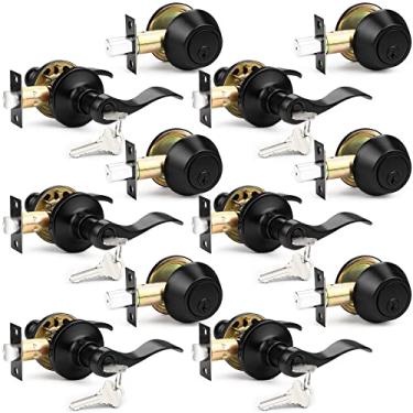 Imagem de Probrico Conjunto de fechadura de porta frontal preta, conjunto de fechadura de maçaneta de porta externa, conjunto de fechadura de porta semelhante com chave, conjunto de maçanetas e fechaduras,