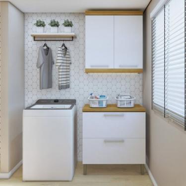 Imagem de Lavanderia Modulada Com Balcão 2 Portas E Armário Aéreo 100% Mdf Burguesa Amadeirado Freijó/branco