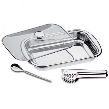 Imagem de Conjunto Travessa Pegador E Colher Tramontina Inox 3 Peças Inox Com Transparente