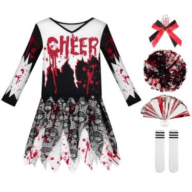 Imagem de ReliBeauty Zombie Cheerleader Costume for Girls Dead Scary Bloody Halloween Costume with Pom Poms & Accessories, 100