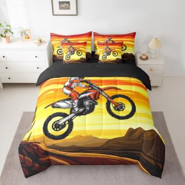 Imagem de Feelyou Conjunto de edredom de motocross, tamanho casal, 7 peças, para crianças, meninos e meninas, para todas as estações, cama de moto, esportes radicais em uma bolsa com edredom, lençóis, fronhas e